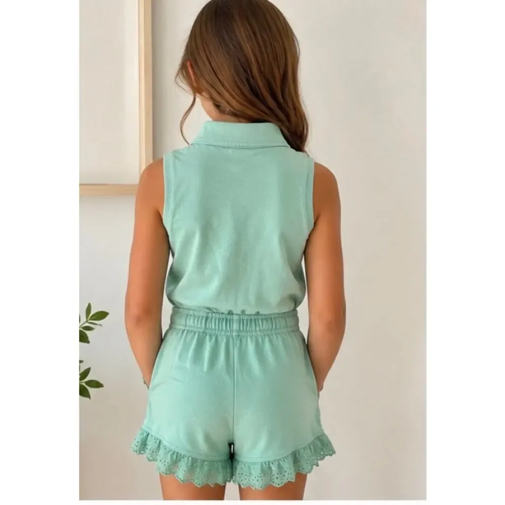 Polo Ralph Lauren Girls M 8-10 Mint Green Eyelet Ruffle Polo Romper